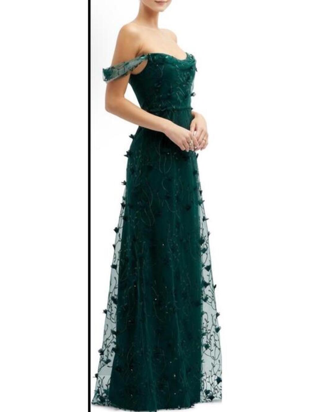 New Dessy Collection 3D Embroidered Off the Shoulder Gown In Evergreen 10 $279 - Picture 3 of 11